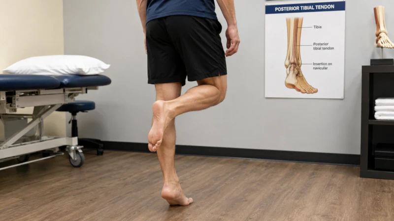 Person attempting a single-leg heel rise, a clinical test of posterior tibial tendon function.