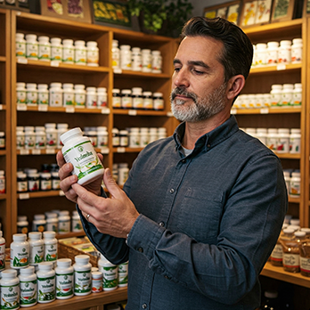 man checking out supplement in a herbal store