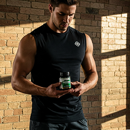 man looking down at bottle of yohimbe supplement