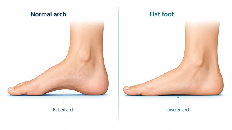 Side-view diagram showing flat feet symptoms in adults and comparing a normal foot arch with a flat foot showing a fallen arch.