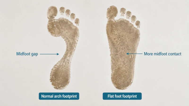Wet footprint comparison showing a normal arch footprint and a flat-feet footprint with little or no midfoot gap.