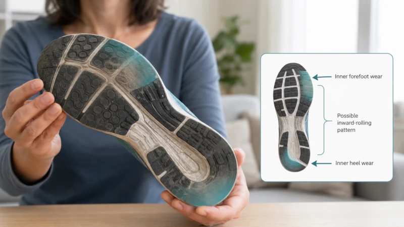 Adult examining a worn athletic shoe sole showing inner heel and inner forefoot wear associated with an inward-rolling gait pattern.