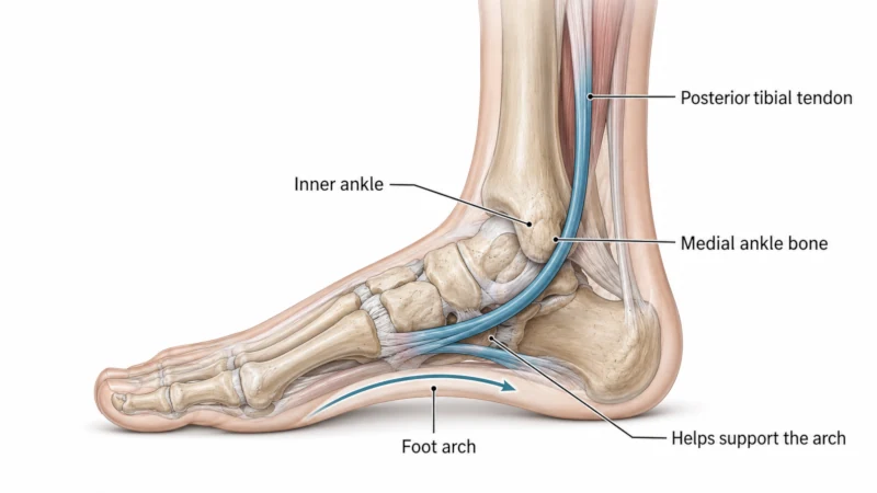 Anatomical diagram showing the posterior tibial tendon passing behind the inner ankle and helping support the foot arch.