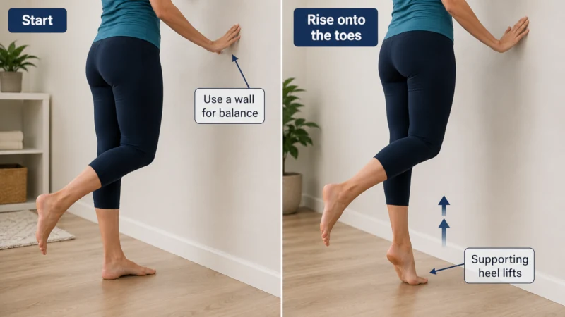 Adult performing a supported single-leg heel raise to demonstrate how the heel should lift during the movement.