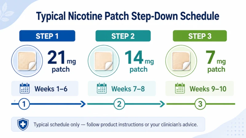 Chart showing the 21 mg, 14 mg and 7 mg patch steps and the weeks each is typically used