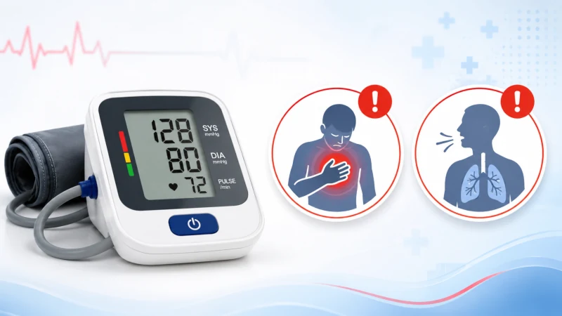 Blood pressure monitor beside warning icons for chest pain and shortness of breath