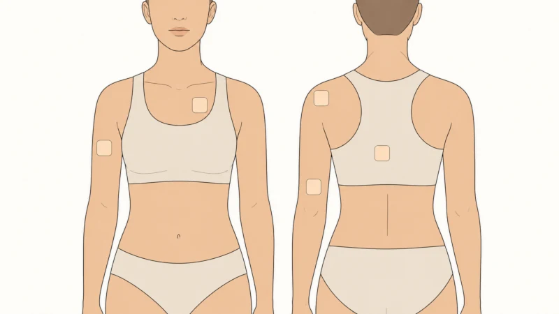 Illustrated front and back views of a torso showing where to put nicotine patch placement on the upper arm, upper chest, shoulder, upper back, and inner arm.