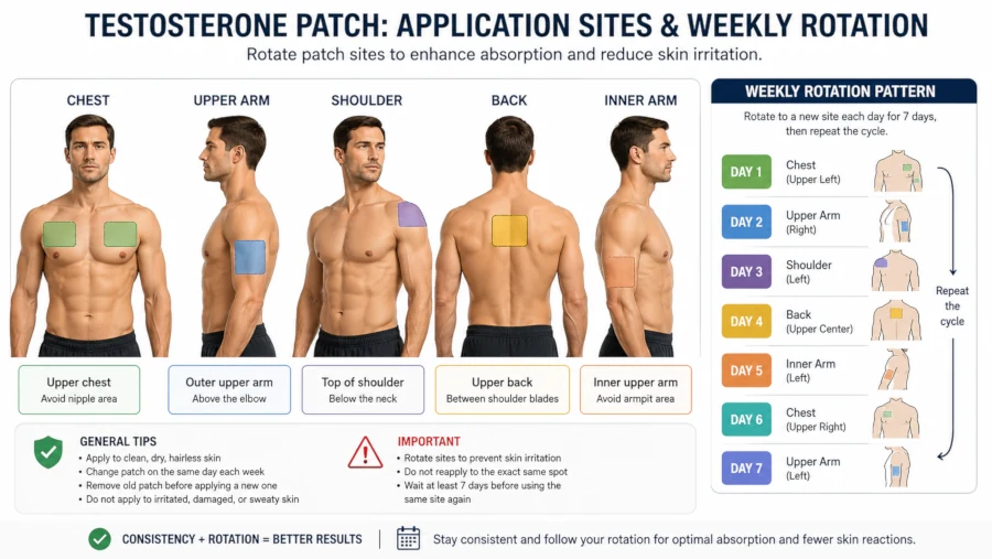 Upper-body diagram marking chest, upper arm, shoulder, back and inner arm as patch sites, with a weekly rotation pattern