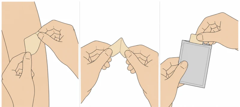 Three panels showing a used nicotine patch being peeled off, folded with the sticky sides together, and placed into its foil pouch for disposal.