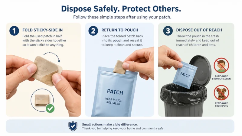 Three-step illustration of folding a used patch sticky-side in, returning it to its pouch, and disposing of it out of reach
