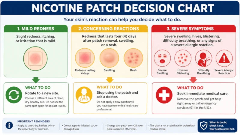 Decision chart: mild redness means rotate to a new site; redness lasting four days after removal, swelling, or a rash means stop and ask a doctor; severe symptoms mean seek immediate care.