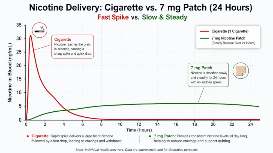 Line graph comparing the fast nicotine spike from a cigarette with the slow, steady rise from a 7 mg patch over 24 hours