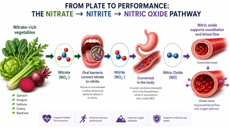 Diagram showing nitrate from vegetables converting to nitrite and nitric oxide
