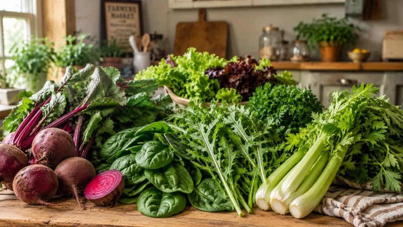 Beets, spinach, arugula, celery, and leafy greens on a kitchen table
