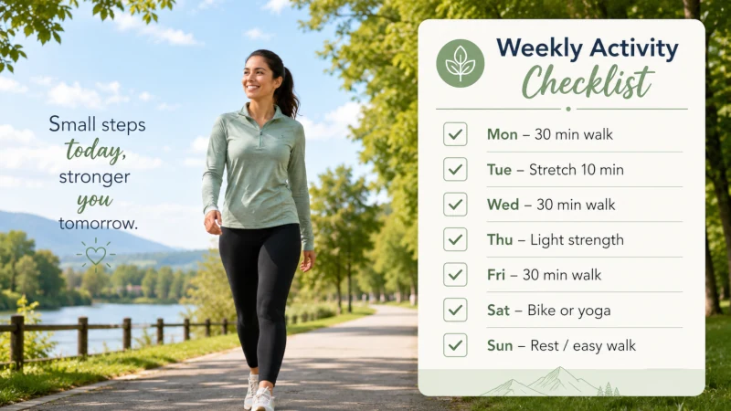 Person walking outdoors with a simple weekly activity checklist. one of the best natural ways to support nitric oxide