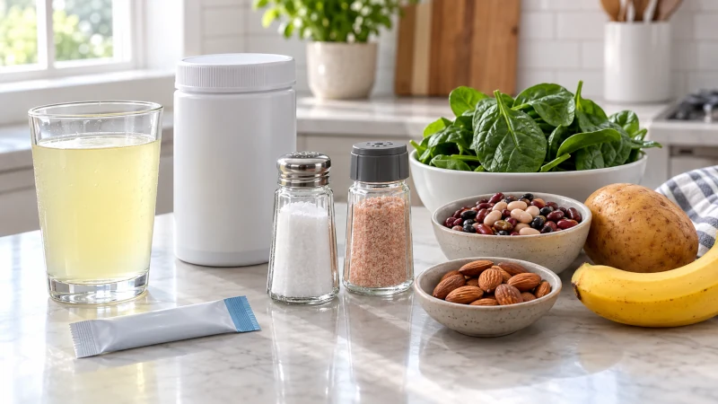 Unbranded electrolyte drink, supplement container, salt shaker, and potassium-based salt substitute on a kitchen counter.