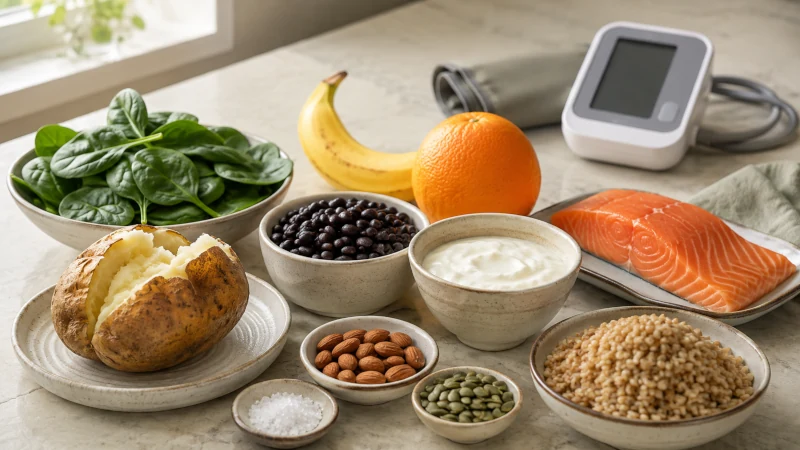 Potassium- and magnesium-rich foods beside a home blood pressure monitor and a small dish of salt.