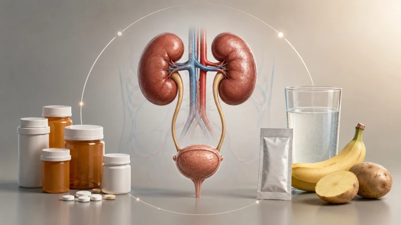 Medical illustration showing kidneys, blood pressure medication, and electrolyte products to represent interaction risks.