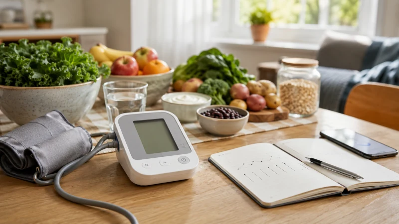 Home blood pressure cuff beside a notebook and healthy groceries for tracking dietary changes.