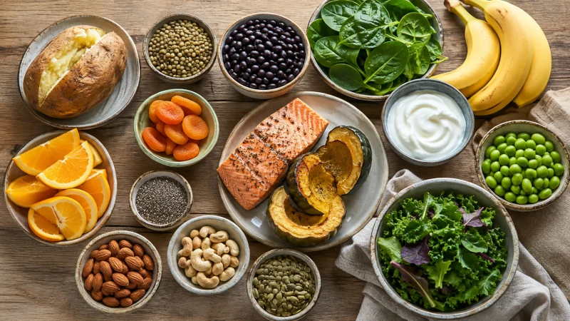 DASH-style foods rich in potassium and magnesium including beans, greens, potatoes, fruit, yogurt, seeds, and salmon.
