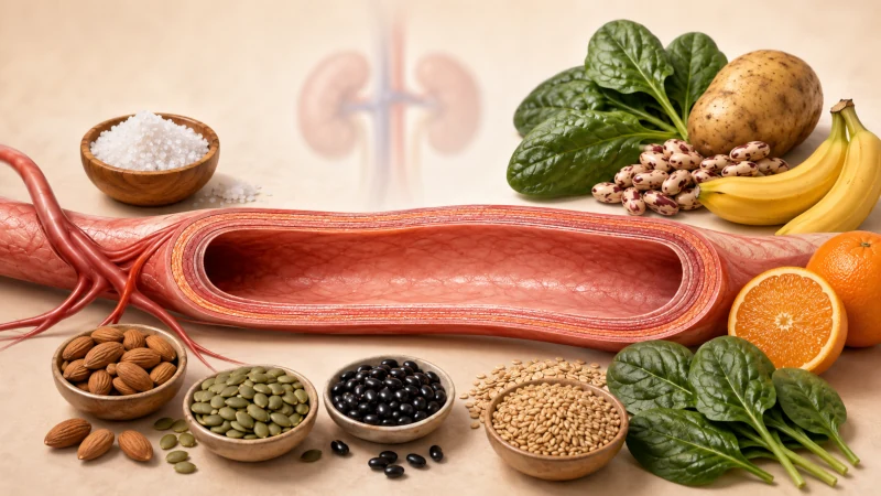 Conceptual illustration showing sodium, potassium, and magnesium working together around a healthy blood vessel.