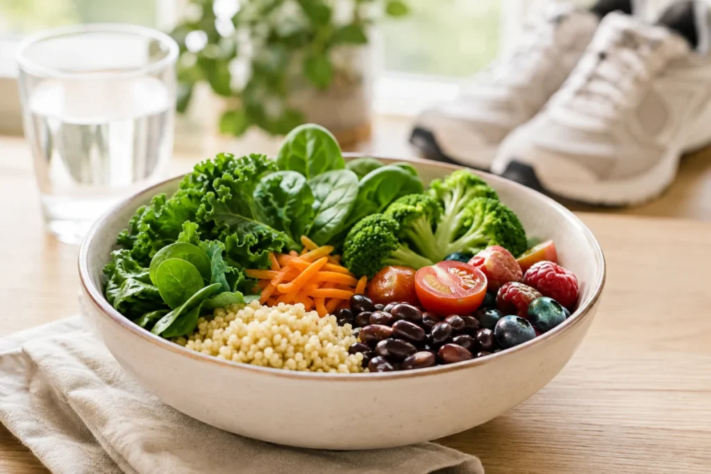 Colorful vegetables, berries, beans and whole grains representing healthy lifestyle habits